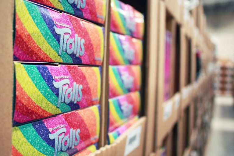 boxed troll toys at fulfilment centre