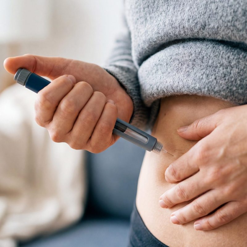 Close-up of a person injecting GLP-1 with a pen into the abdomen
